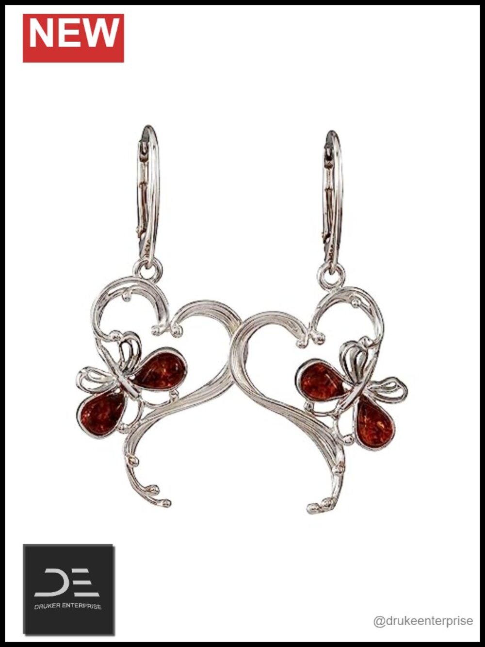 Real Baltic Amber Leverback Earrings 925 Sterling Silver Butterfly Heart Dangle